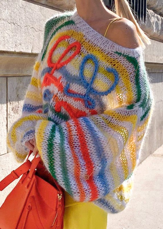 New O-Neck Rainbow Striped Knit Sweater Spring