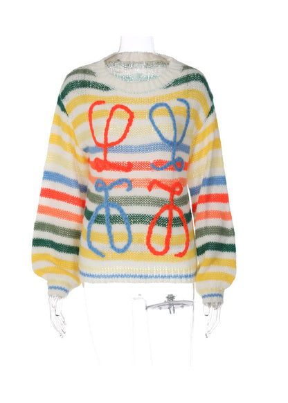 New O-Neck Rainbow Striped Knit Sweater Spring