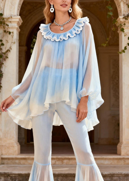 New O Neck Ruffled Patchwork Silk Two Pieces Set Summer