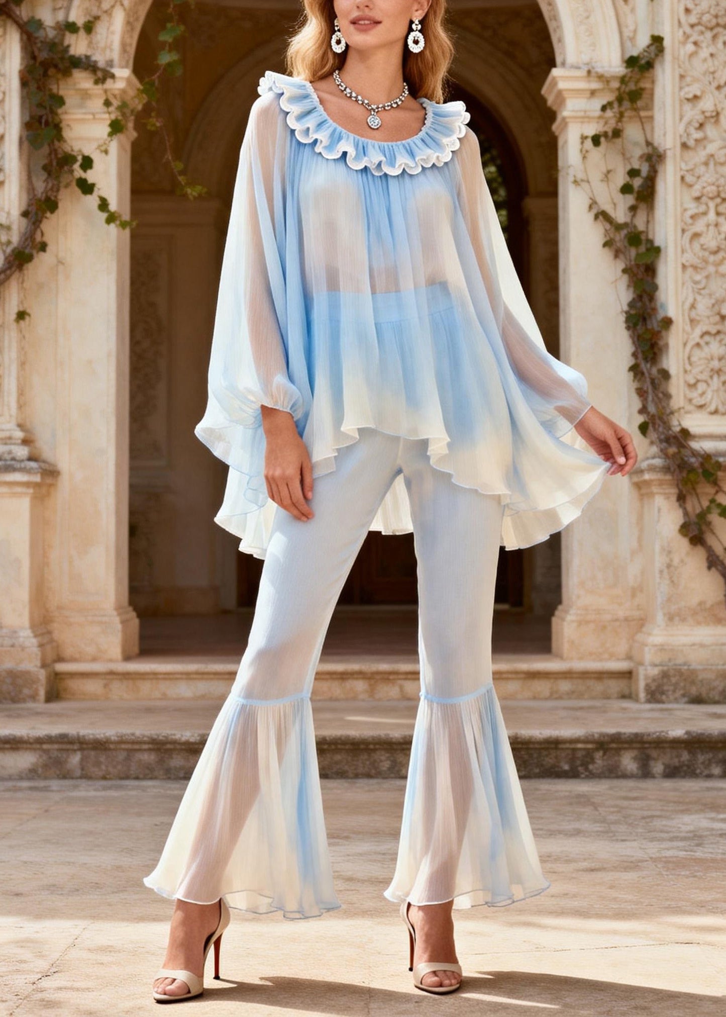 New O Neck Ruffled Patchwork Silk Two Pieces Set Summer