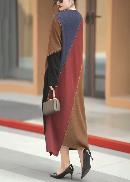 New O Neck Striped Patchwork Knit Sweater Dress Winter