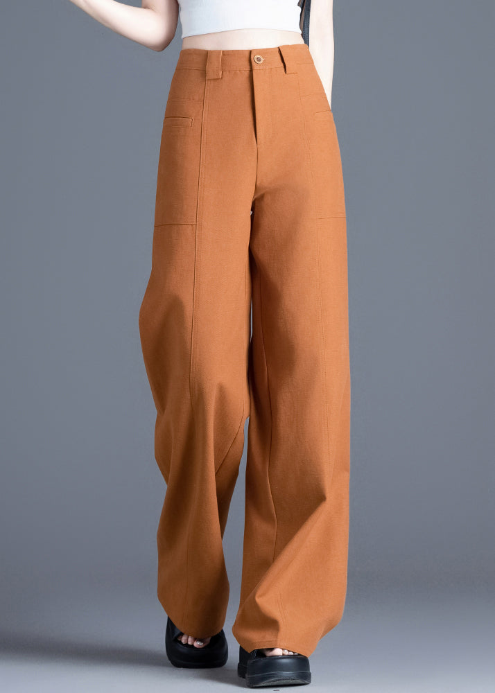 New Orange Button High Waist Cotton Wide Leg Pants Spring