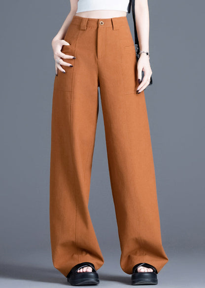 New Orange Button High Waist Cotton Wide Leg Pants Spring