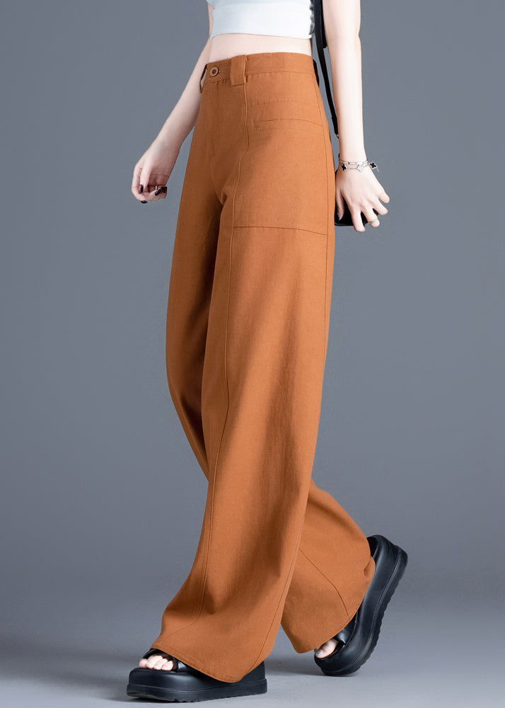 New Orange Button High Waist Cotton Wide Leg Pants Spring
