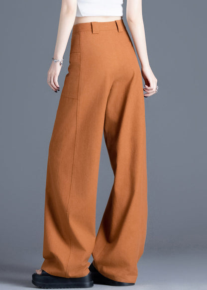 New Orange Button High Waist Cotton Wide Leg Pants Spring