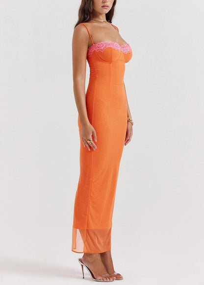 New Orange Lace Patchwork Solid Tulle Maxi Spaghetti Strap Dress Sleeveless