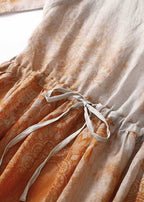 New Orange Print Lace Up Pockets Cotton Long Dress Half Sleeve