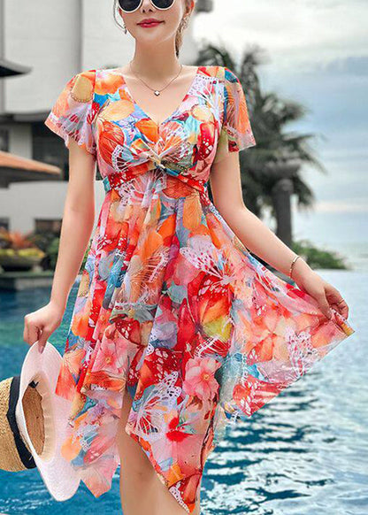 New Orange Print Wrinkled Long Dress Swimwear