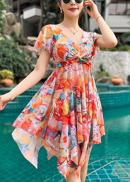 New Orange Print Wrinkled Long Dress Swimwear
