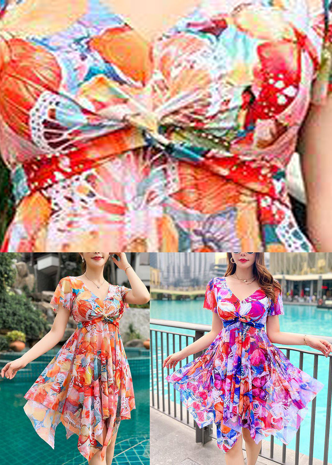 New Orange Print Wrinkled Long Dress Swimwear
