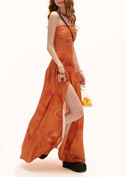 New Orange Print Wrinkled Side Open Cotton Maxi Dresses Sleeveless