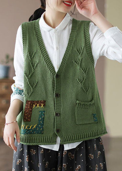 New Orange V Neck Button Pockets Cotton Knit Waistcoat Sleeveless