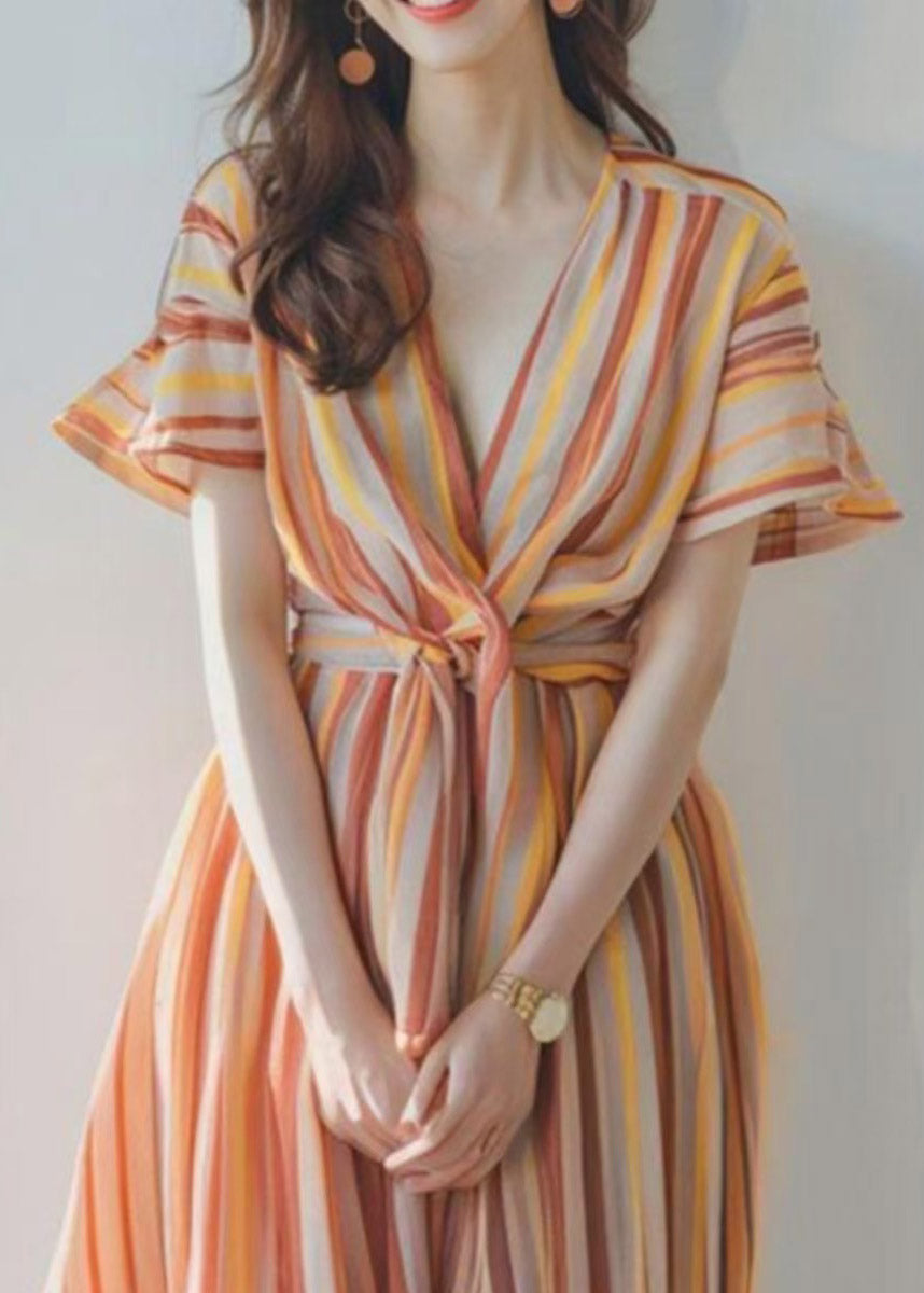 New Orange V Neck Striped Chiffon Dress Summer