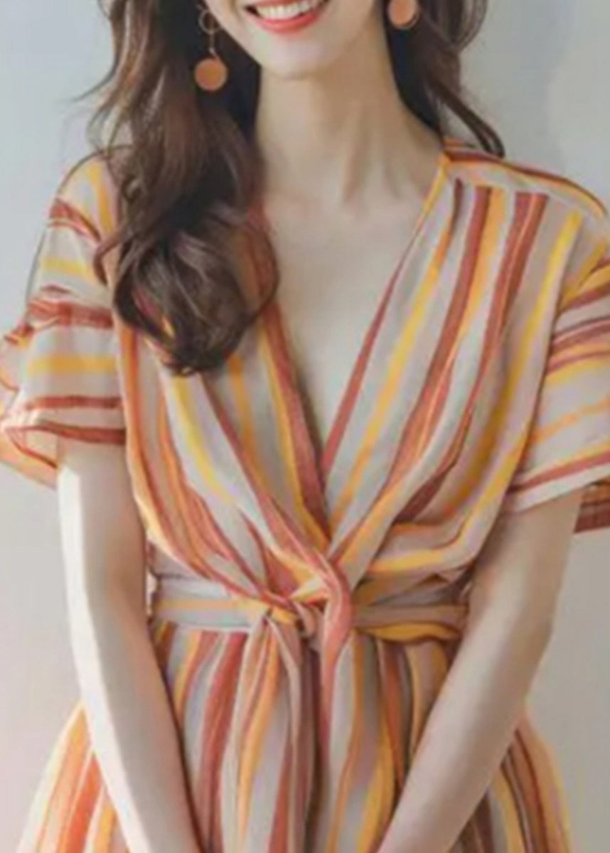New Orange V Neck Striped Chiffon Dress Summer