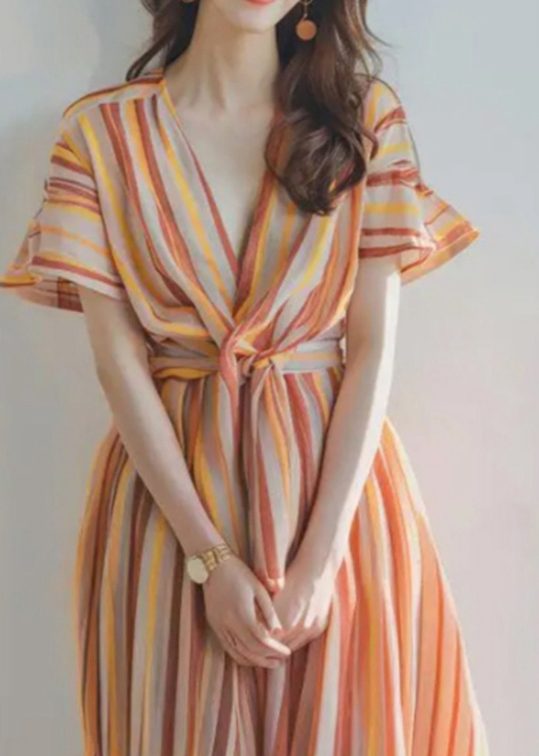 New Orange V Neck Striped Chiffon Dress Summer