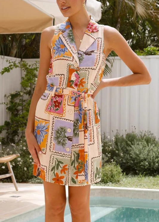 New Peter Pan Collar Print Tie Waist Linen Mid Dress Sleeveless