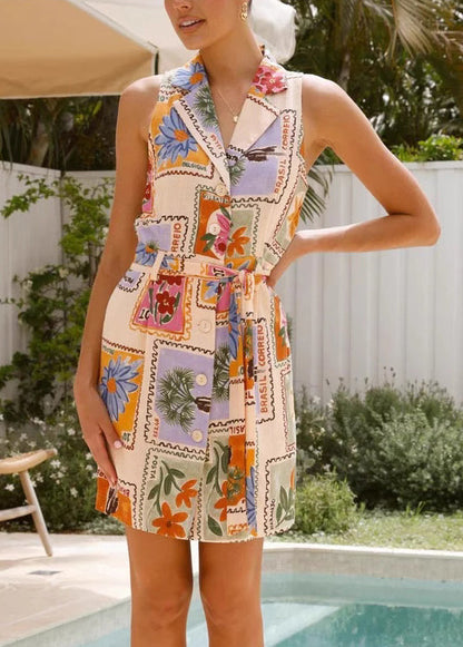 New Peter Pan Collar Print Tie Waist Linen Mid Dress Sleeveless