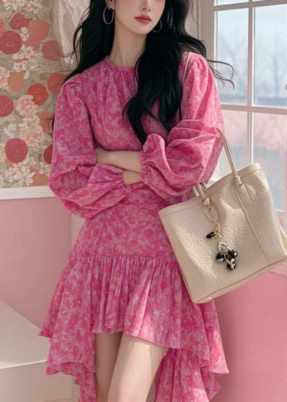 New Pink Asymmetrical Print Cotton Mid Dress Spring