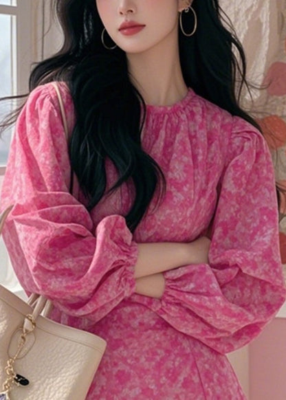 New Pink Asymmetrical Print Cotton Mid Dress Spring