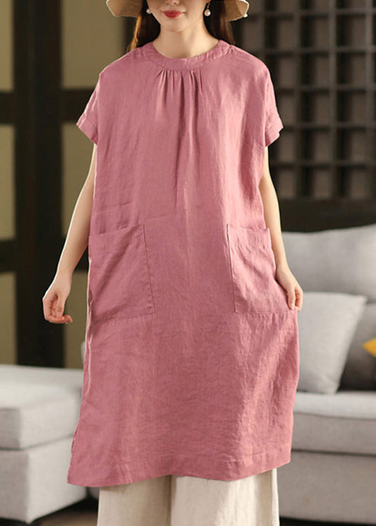 New Pink Button Pockets Side Open Linen Summer Dress