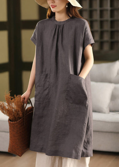 New Pink Button Pockets Side Open Linen Summer Dress