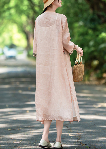New Pink Embroidered Side Open Linen Long Dress Fall