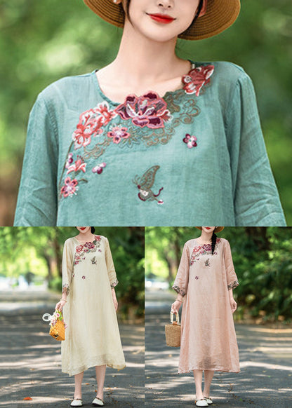New Pink Embroidered Side Open Linen Long Dress Fall