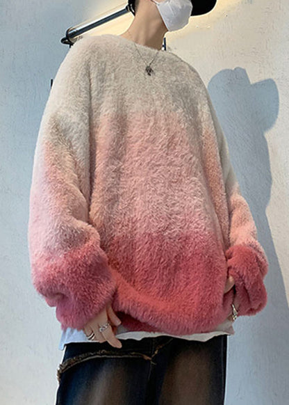 New Pink Gradient Color Thick Mink Hair Knitted Mens Sweaters Fall