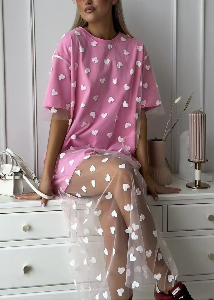 New Pink Love Tulle Patchwork T Shirt Dresses Summer
