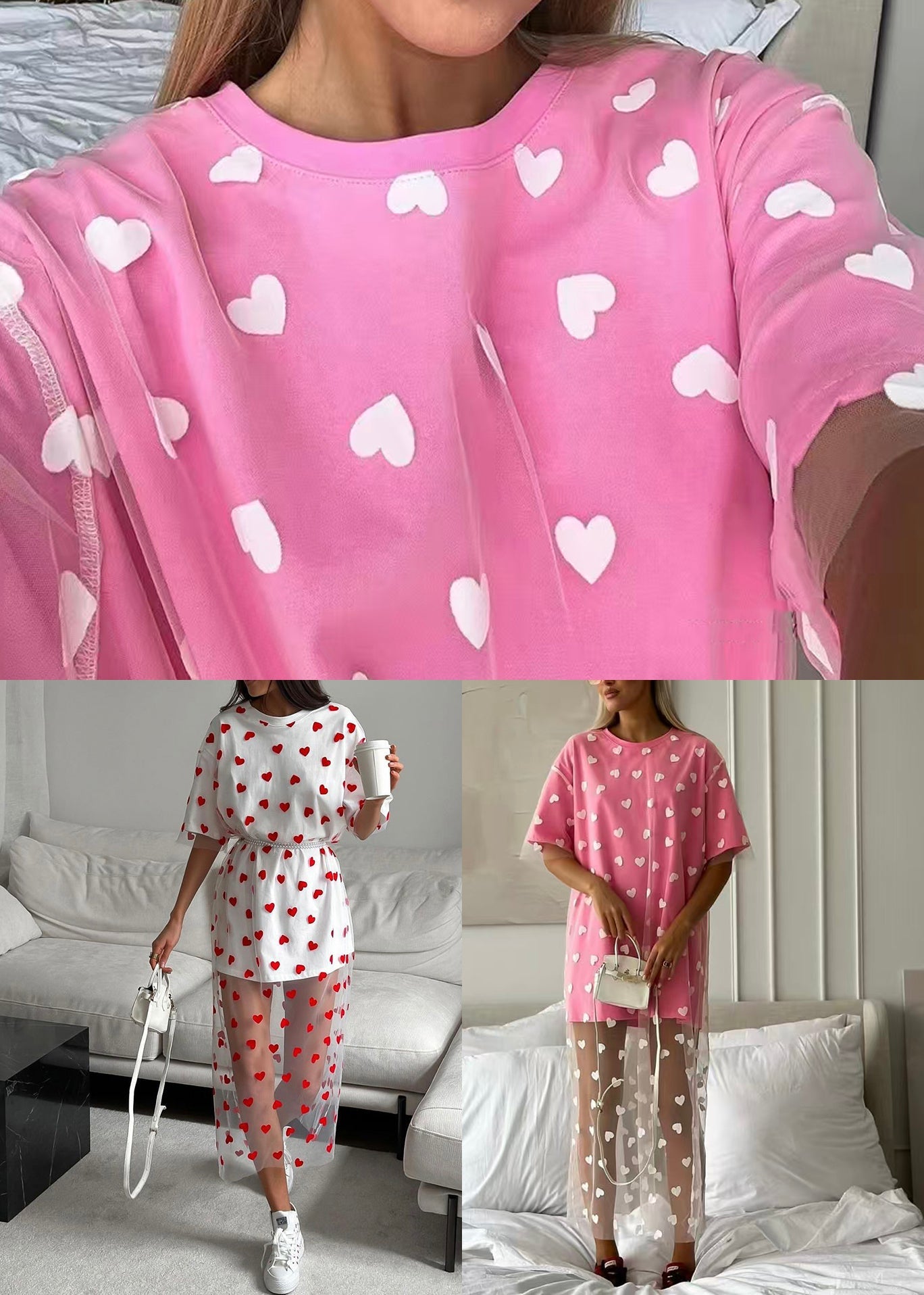 New Pink Love Tulle Patchwork T Shirt Dresses Summer