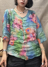 Load image into Gallery viewer, New Pink O Neck Button Print Linen Shirt Bracelet Sleeve