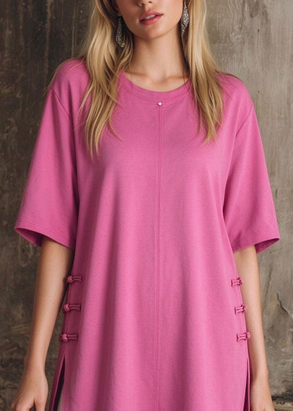 New Pink O Neck Chinese Button Patchwork Cotton T Shirts Summer