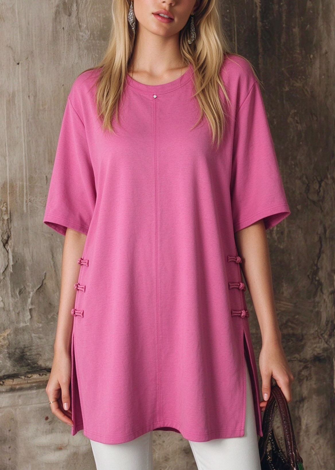 New Pink O Neck Chinese Button Patchwork Cotton T Shirts Summer