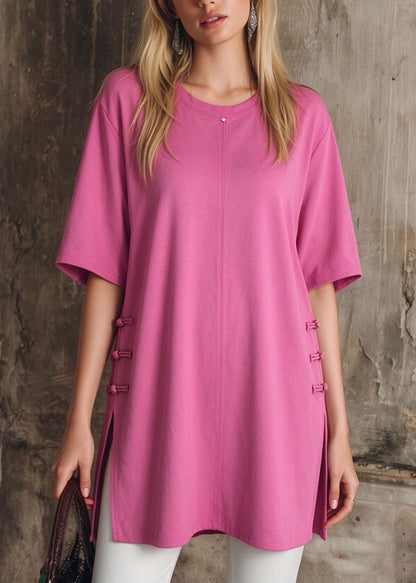 New Pink O Neck Chinese Button Patchwork Cotton T Shirts Summer