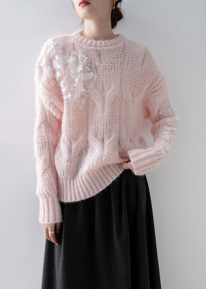 New Pink O Neck Floral Sequins Knit Sweater Tops Spring
