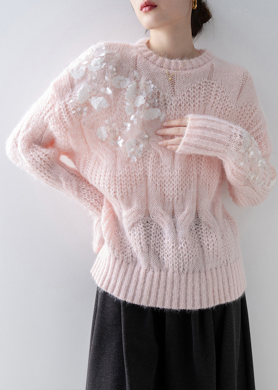 New Pink O Neck Floral Sequins Knit Sweater Tops Spring