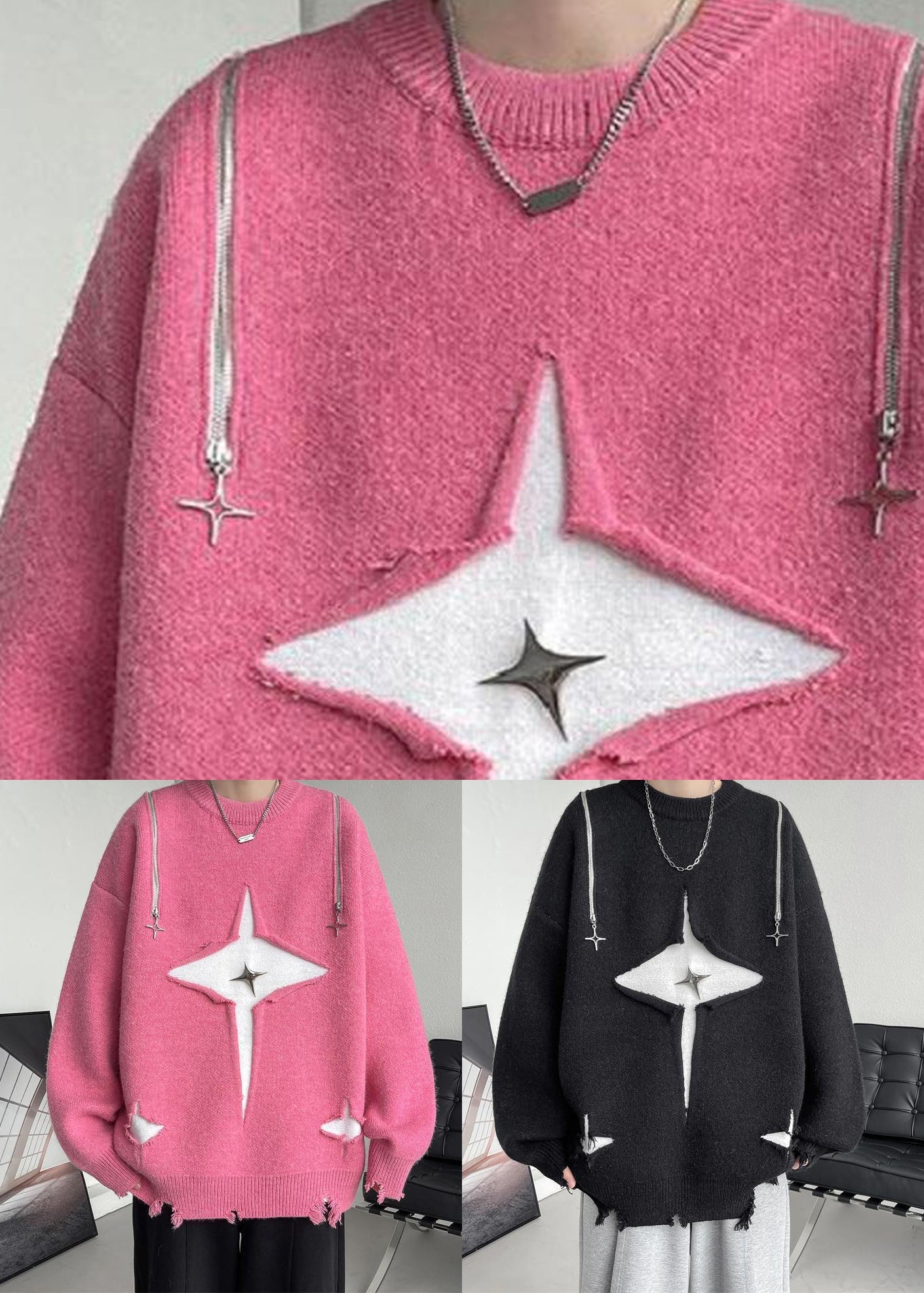 New Pink O Neck Hole Cozy Knit Men Sweater Fall