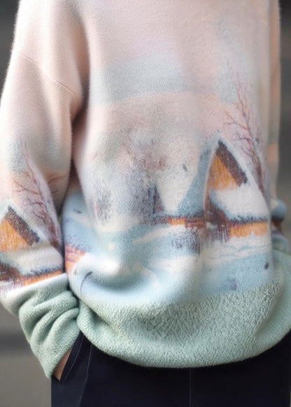 New Pink O Neck Print Cozy Warm Knit Sweater Winter