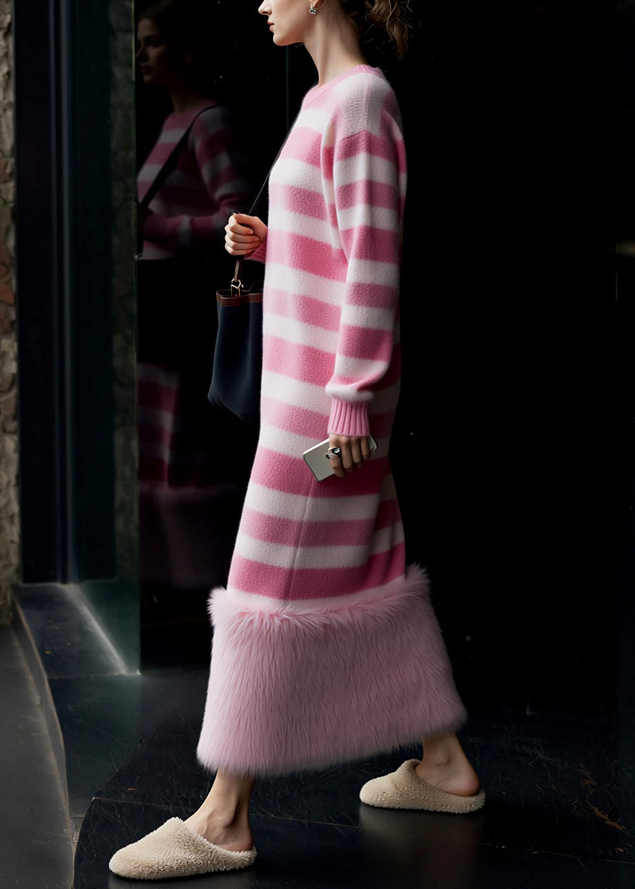 New Pink O Neck Striped Patchwork Knit Long Sweater Dress Spring