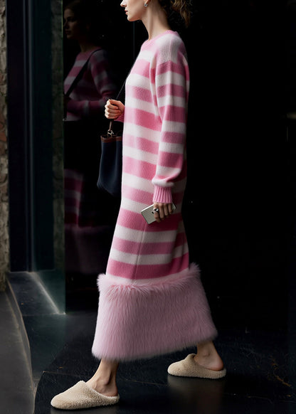 New Pink O Neck Striped Patchwork Knit Long Sweater Dress Spring