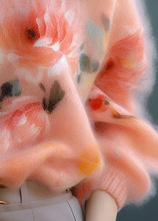 New Pink O Neck Thick Print cotton blend Sweater Spring