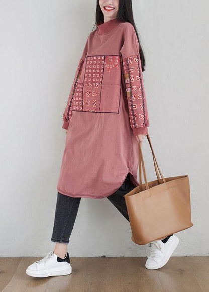 New Pink Patchwork Side Open Fall Dress Sweatshirts - SooLinen