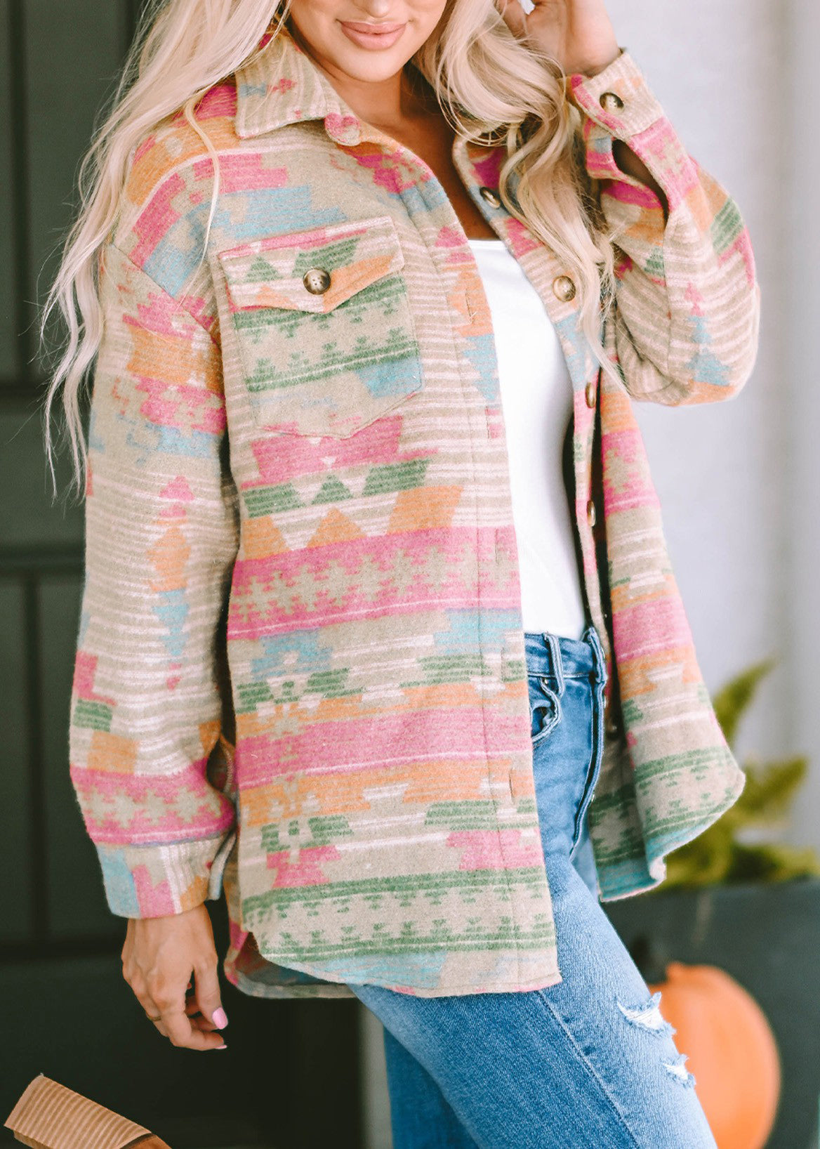 New Pink Peter Pan Collar Pockets Print Woolen Coats Fall