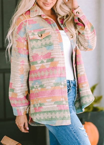 New Pink Peter Pan Collar Pockets Print Woolen Coats Fall