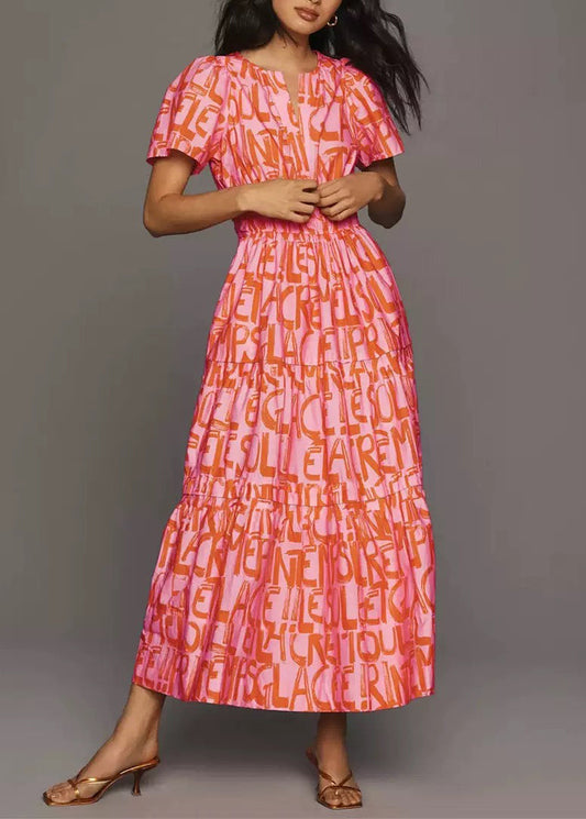 New Pink Print Elastic Waist Cotton Long Dress Summer