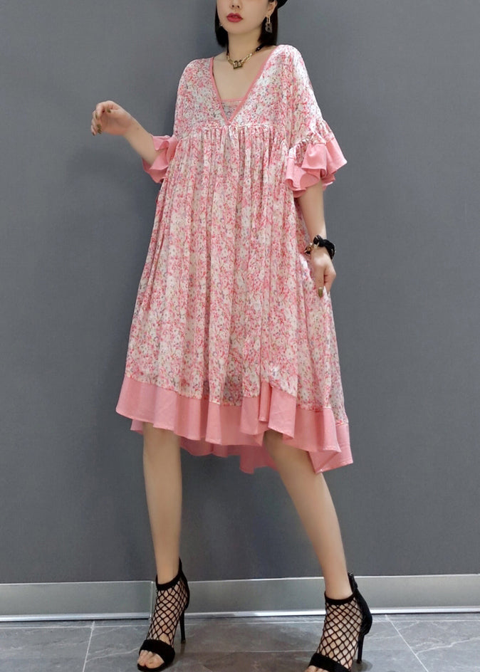 New Pink Print Patchwork Chiffon Dress Butterfly Sleeve