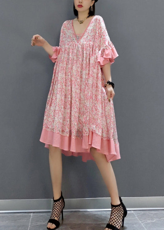 New Pink Print Patchwork Chiffon Dress Butterfly Sleeve