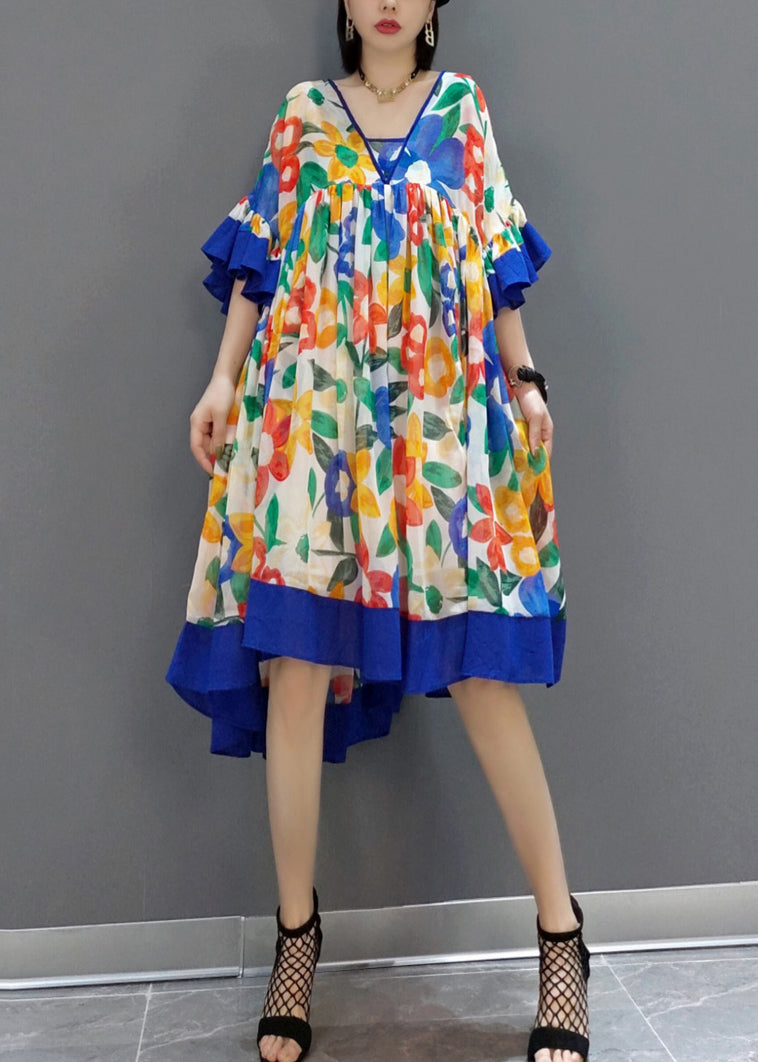 New Pink Print Patchwork Chiffon Dress Butterfly Sleeve