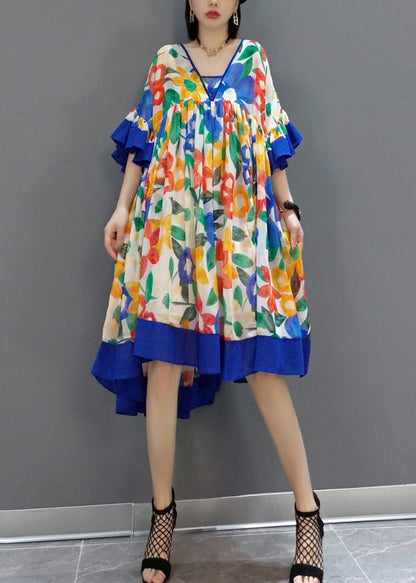 New Pink Print Patchwork Chiffon Dress Butterfly Sleeve