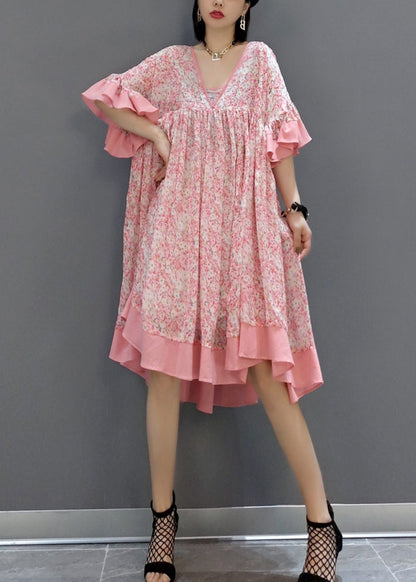 New Pink Print Patchwork Chiffon Dress Butterfly Sleeve
